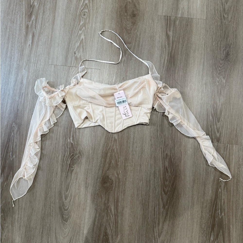 Oh Polly Cream Sheer Off-Shoulder Top